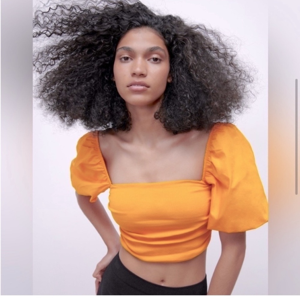 Zara Bright Orange Puff Sleeve Crop Top